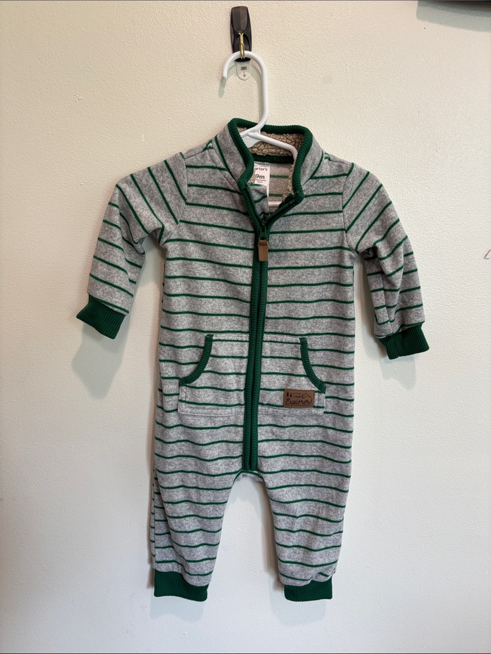Carter's Gray & Green Striped Zip-Up One-Piece fleece 9 month boy